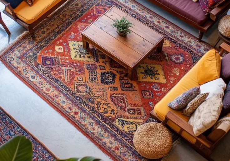 A wooden coffee table with a potted plant sits on a colorful patterned rug, surrounded by sofas with yellow cushions and decorative pillows.