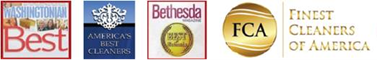 Four award logos: Washingtonian Best, America’s Best Cleaners, Bethesda Best Winner, and Finest Cleaners of America.
